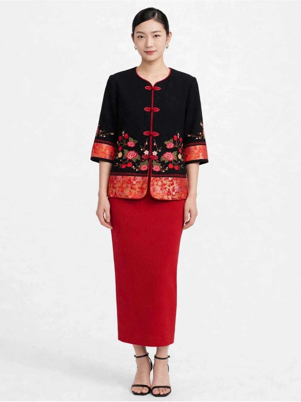 Black Embroidered Mandarin Jacket with Red Floral Trim